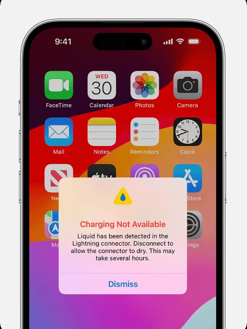 Si su dispositivo iPhone hace parte de los que presentaban entrada tipo Lightning, esta será la advertencia que aparecerá en pantalla ante una humedad interna.