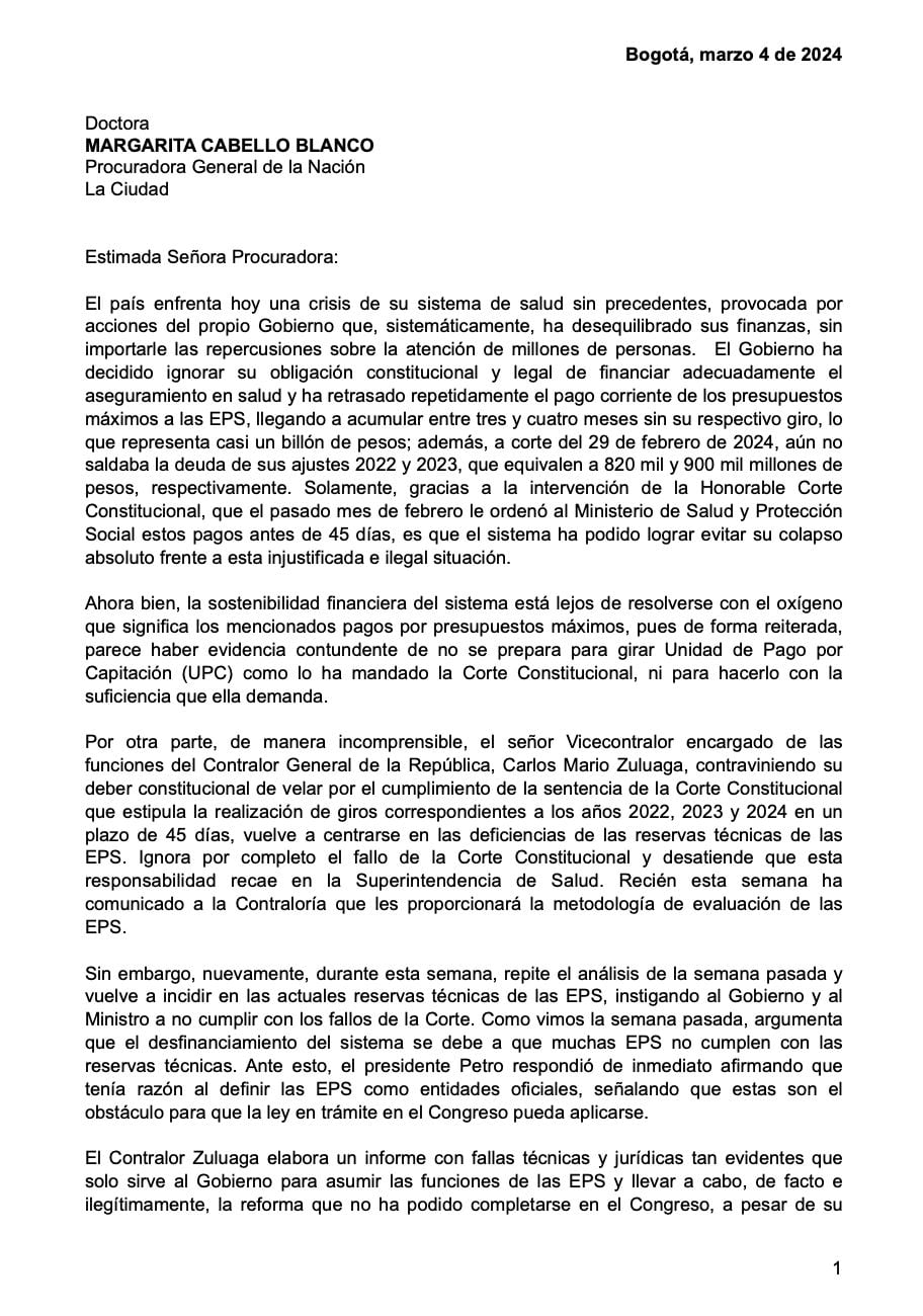 Carta de César Gaviria a la procuradora Margarita Cabello.