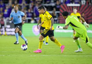 ORLANDO, FL - NOVEMBER 25: with one minute left in the 2nd Ot Columbus Crew forward Cucho Hernández (9) scores an empty net goal during the MLS soccer Eastern Conference Semifinal match between the Orlando City SC and Columbus Crew on November 25th, in Orlando, FL. (Photo by Andrew Bershaw/Icon Sportswire via Getty Images)