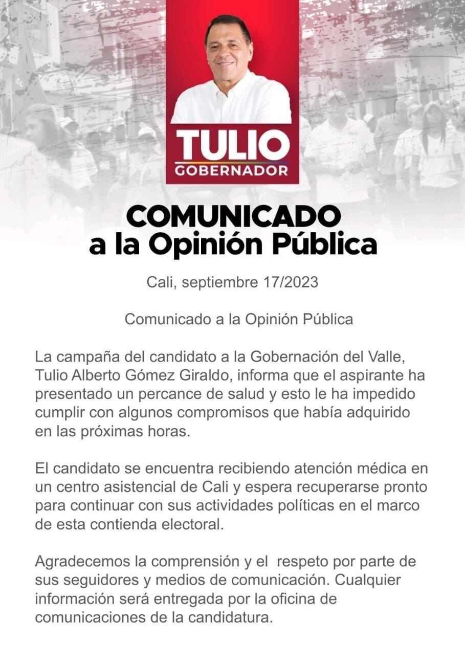 Por problemas de salud, el candidato a la Gobernación del Valle, Tulio Gómez, no asistió a debate.
