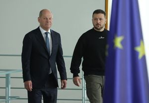 BERLIN, GERMANY - MAY 14: German Chancellor Olaf Scholz (L) and Ukrainian President Volodomyr Zelensky arrive to speak to the media following talks at the Chancellery on May 14, 2023 in Berlin, Germany. This is Zelensky's first visit to Germany since Russia invaded Ukraine last year. Germany is among Ukraine's firmest supporters and has supplied its military with a wide range of weapons. Zelensky is scheduled to travel to Aachen later today, where he is to receive the International Charlemagne Prize. (Photo by Sean Gallup/Getty Images)