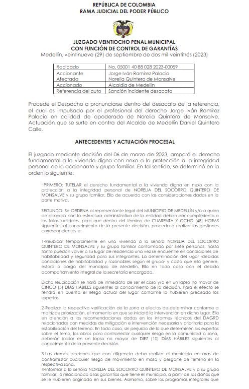 Fallo de tutela en caso de Alcaldía de Medellín.