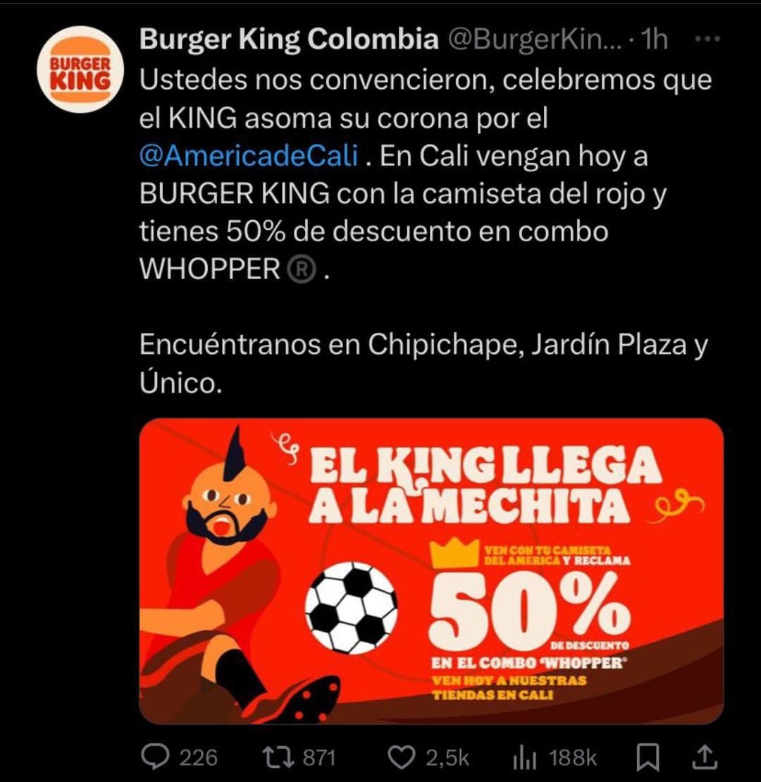 Esta es la publicación que Burger King Colombia hizo en respuesta al América de Cali. Sin embargo, esta fue borrada pocos minutos después.