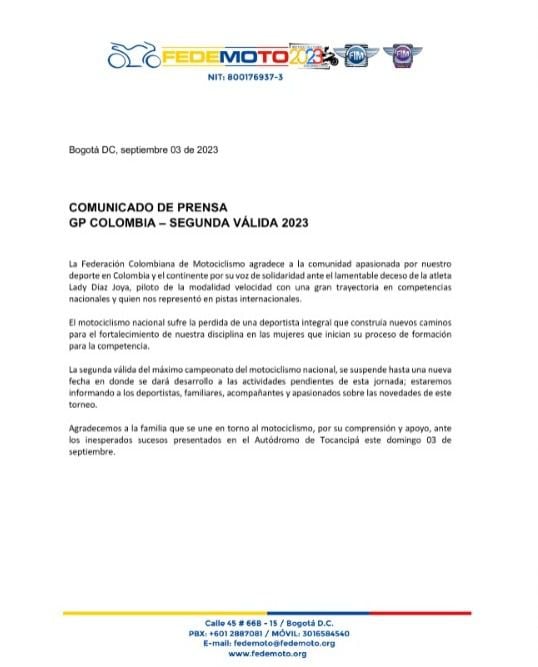 Comunicado oficial de la Federación Colombiana de Motociclismo sobre la muerte de Leydy Díaz.