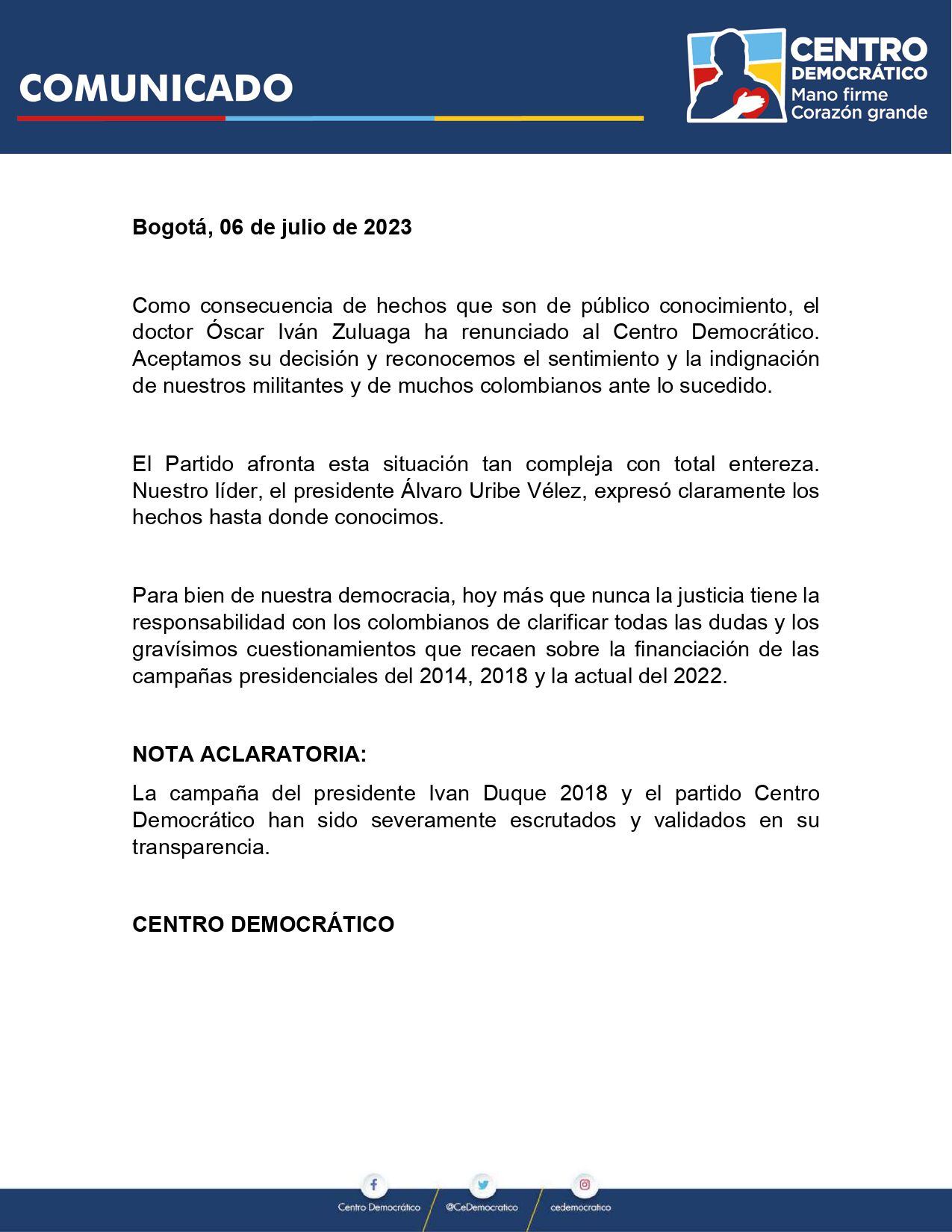El comunicado donde el Centro Democrático acepta la renuncia de Óscar Iván Zuluaga.