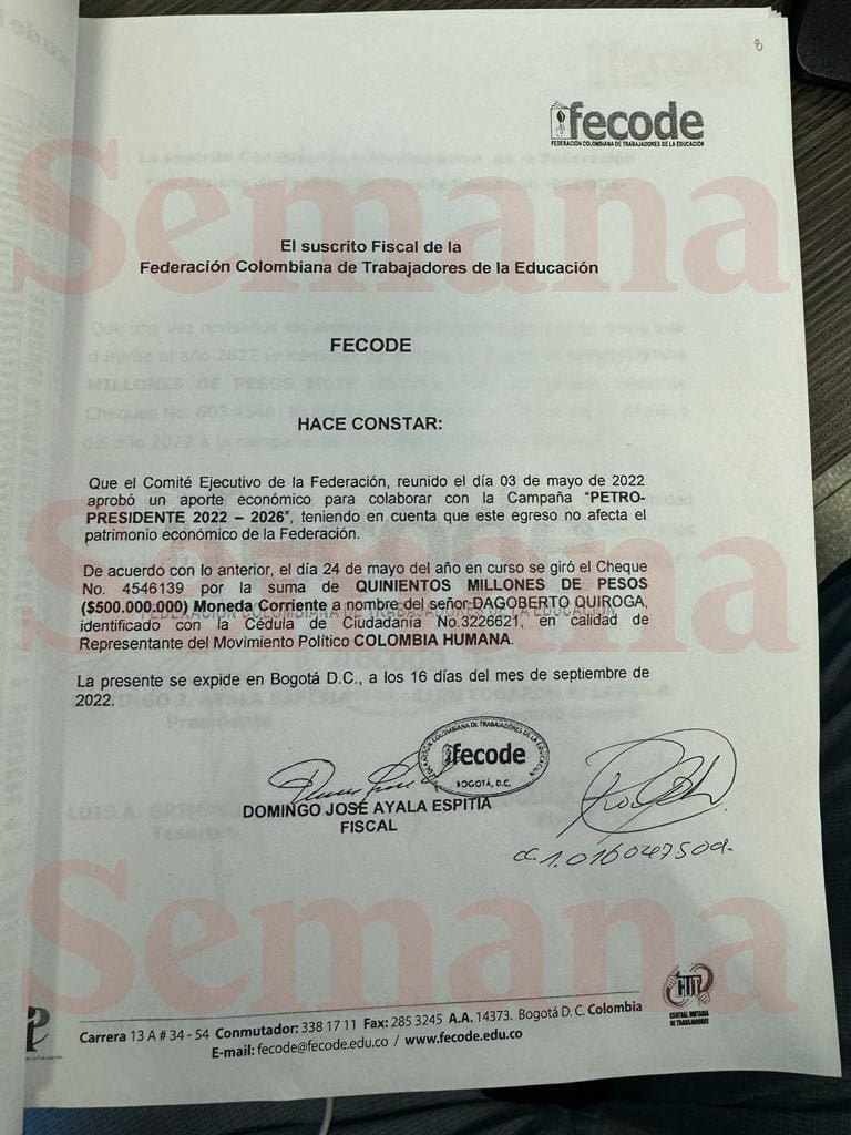 La prueba de que Fecode sí aportó a la campaña presidencial de Gustavo Petro.