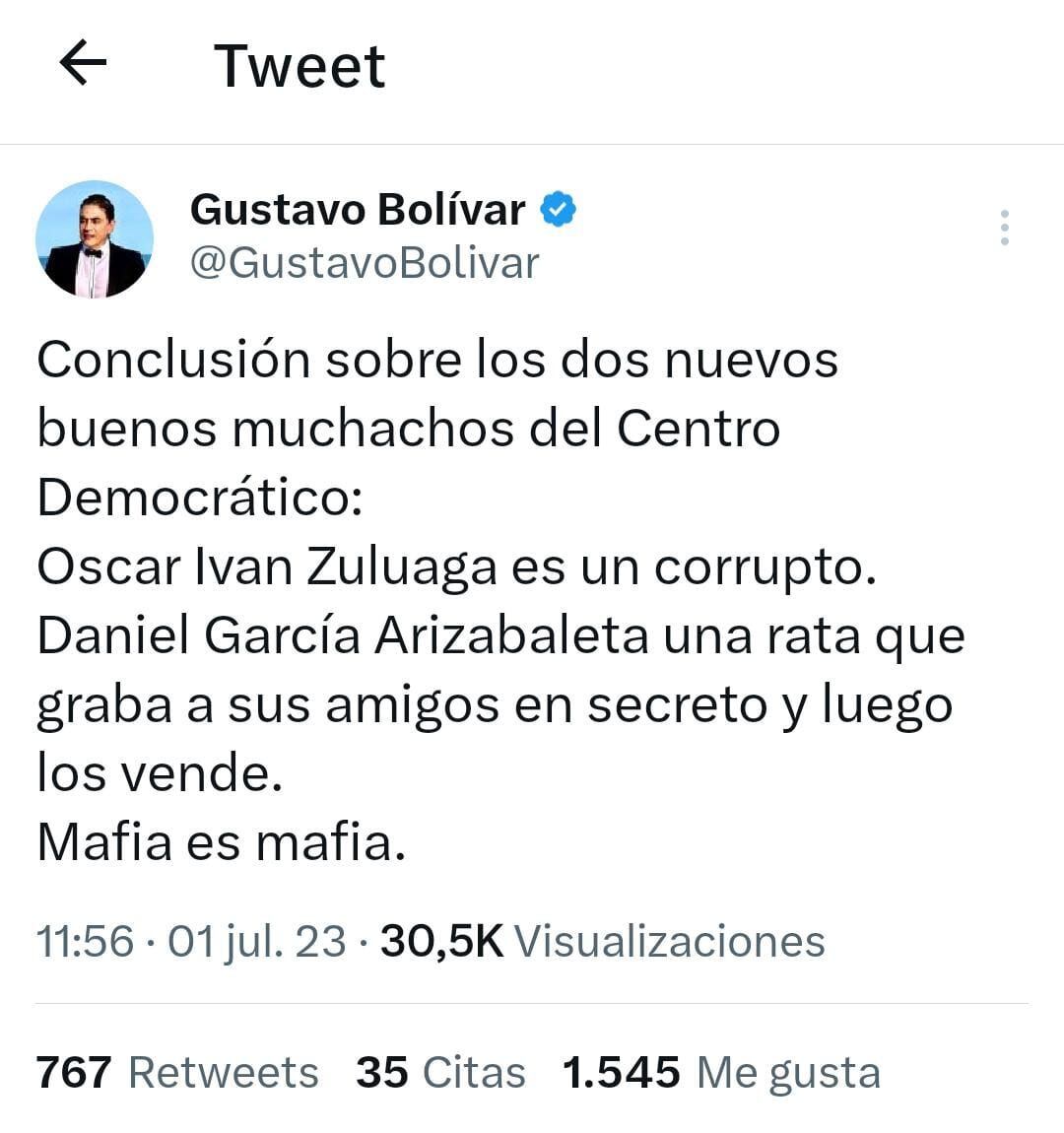 Gustavo Bolívar utiliza su Twitter para tildar de corrupto a Óscar Iván Zuluaga