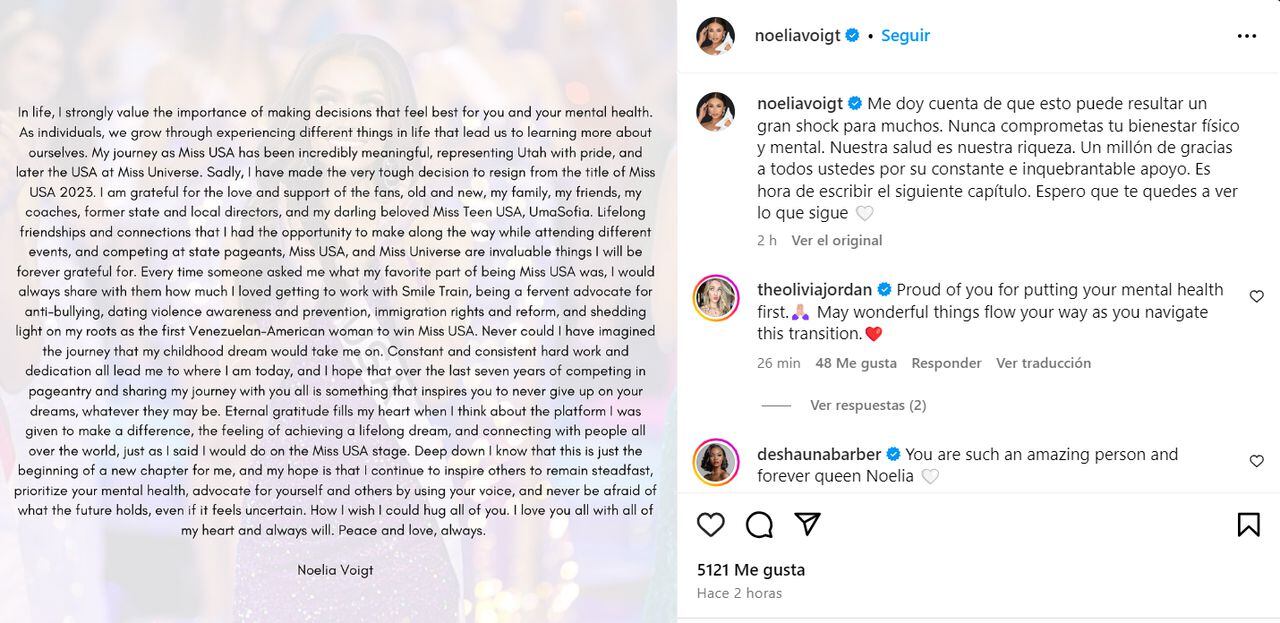 Miss Estados Unidos, Noelia Voigt, publicó un comunicado en el que anunció su renuncia a su título para priorizar su salud mental.
