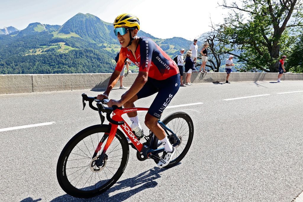 SAINT-GERVAIS MONT-BLANC, FRANCE - JULY 16: Egan Bernal from Colombia and Team Ineos Grenadiers rides during stage fifteen of the 110th Tour de France 2023 a 179km stage from Les Gets les Portes du Soleil to Saint-Gervais Mont-Blanc on July 16, 2023 in Saint-Gervais Mont-Blanc, France. (Photo by Joan Cros Garcia - Corbis/Getty Images)
