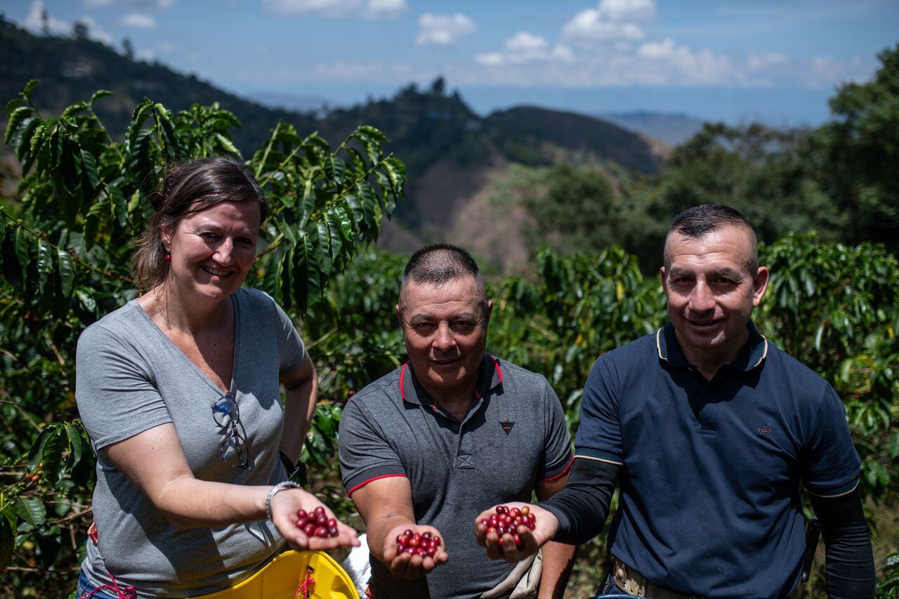 Melanie Rutten-Suelz, Country Manager de Solidaridad en Alemania; Jesús Perafán, técnico de Solidaridad, y cafetalero Diego Édinson López muestra granos de café en la finca Limasol.