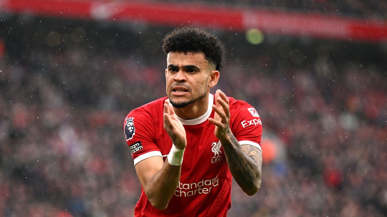 LIVERPOOL, ENGLAND - MARCH 10: Luis Diaz of Liverpool reacts after scoring a goal which was later ruled out for offside during the Premier League match between Liverpool FC and Manchester City at Anfield on March 10, 2024 in Liverpool, England. (Photo by Michael Regan/Getty Images)