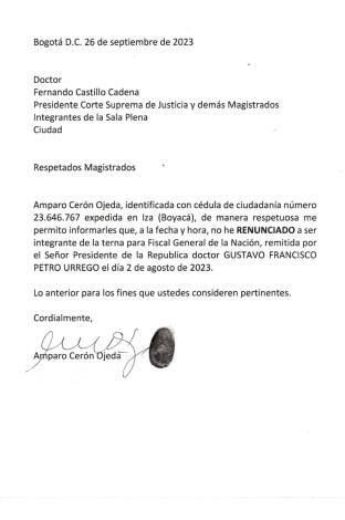 Esta es la carta con la que Amparo Cerón le comunicó a los magistrados de la Corte que ella no renunció a ser ternada.