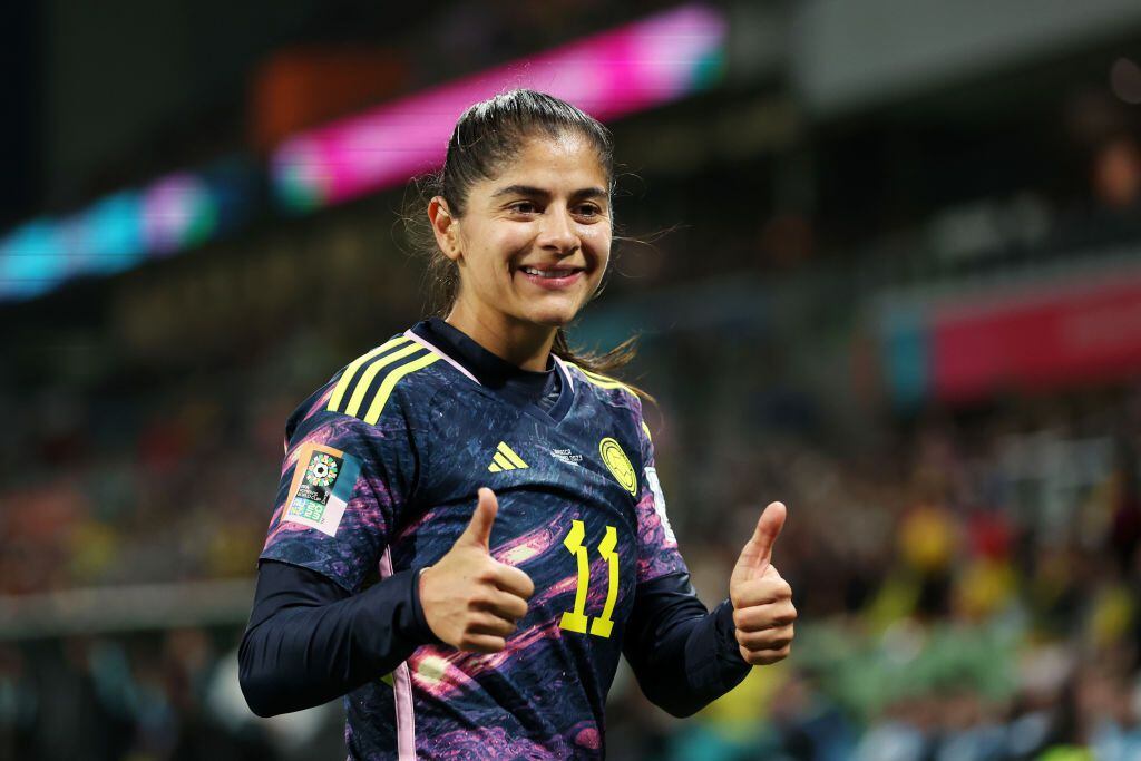 MELBOURNE, AUSTRALIA - AUGUST 08: Catalina Usme of Colombia thumbs up after substituted during the FIFA Women's World Cup Australia & New Zealand 2023 Round of 16 match between Colombia and Jamaica at Melbourne Rectangular Stadium on August 08, 2023 in Melbourne, Australia. (Photo by Robert Cianflone/Getty Images)