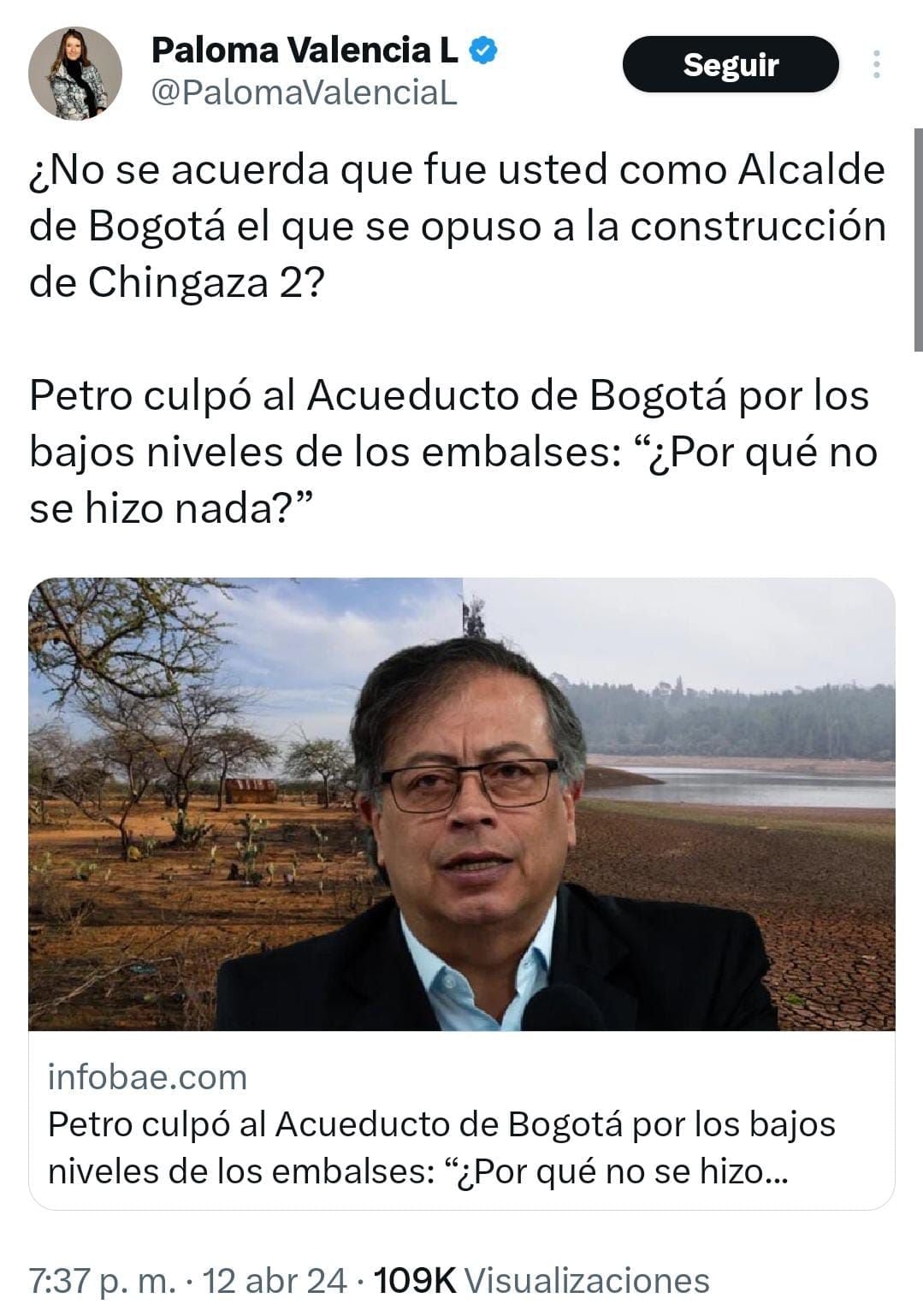 Esta fue la crítica que la senadora Paloma Valencia le hizo al presidente Gustavo Petro por la crisis estructural del agua en Bogotá.