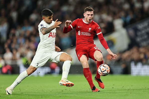 LONDON, ENGLAND - SEPTEMBER 30: Cristian Romero of Tottenham Hotspur and Andrew Robertson of Liverpool during the Premier League match between Tottenham Hotspur and Liverpool FC at Tottenham Hotspur Stadium on September 30, 2023 in London, England. (Photo by Matthew Ashton - AMA/Getty Images)