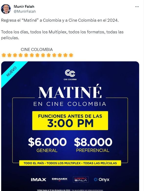 El presidente y CEO de Cine Colombia, Munir Falah, informó que la boletería continúa en 6.000 pesos.