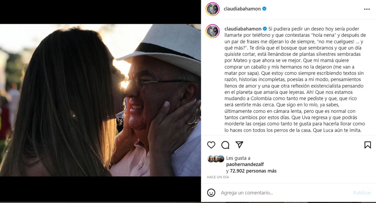 Claudia Bahamón compartió sentido mensaje en Instagram dedicado a su papá.