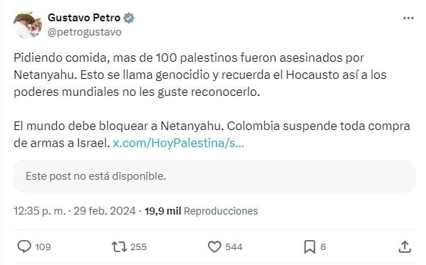 Colombia suspende toda compra de armas a Israel, así lo confirmó el presidente Petro.