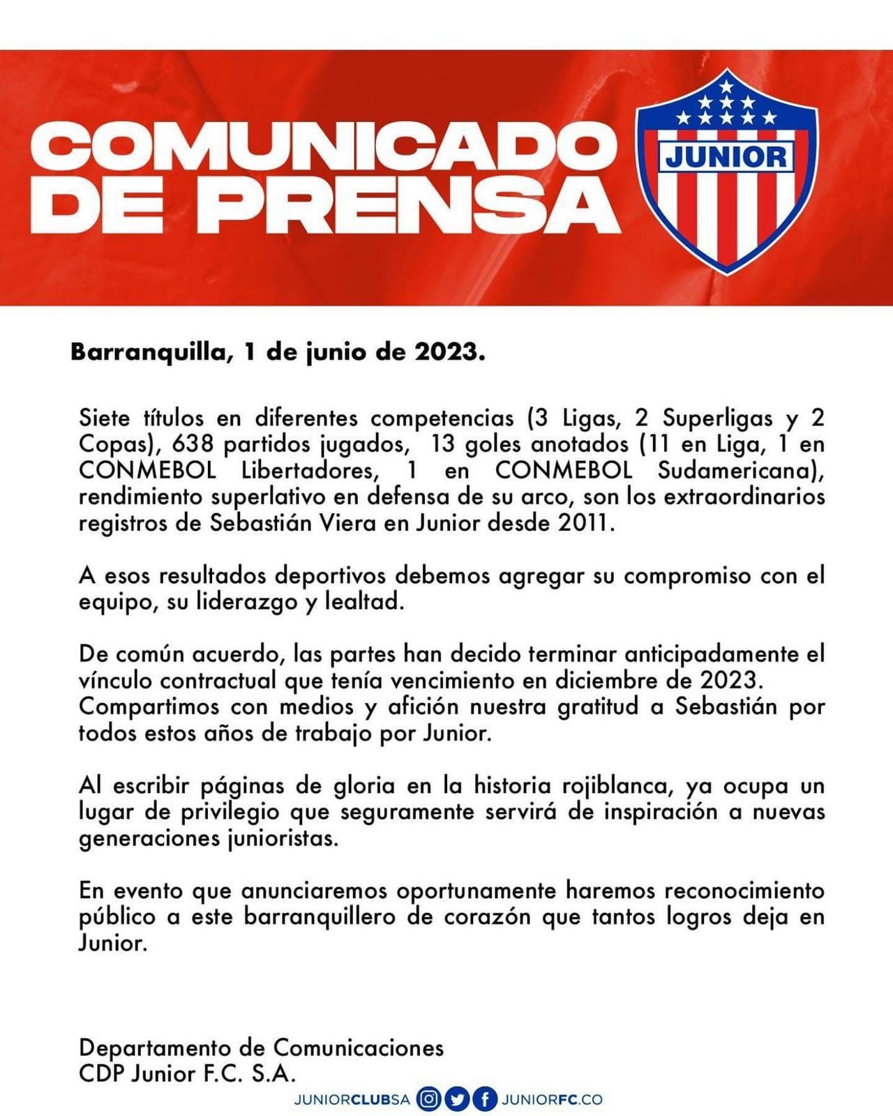 Comunicado de Junior informando la salida de Sebastián Viera. Foto: Junior Club SA.