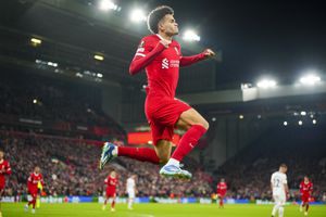 Liverpool's Luis Diaz celebrates scoring his side's opening goal during the Europa League Group E soccer match between Liverpool and LASK, at the Anfield stadium in Liverpool, England, Thursday, Nov. 30, 2023. (AP Photo/Jon Super)
