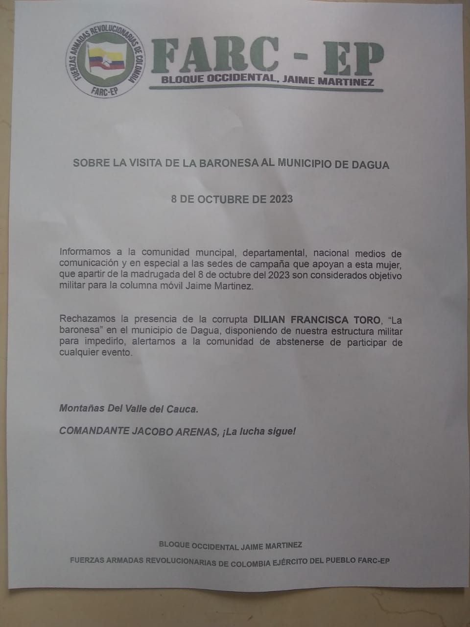 El panfleto en contra de Dilian Francisca Toro en Dagua.