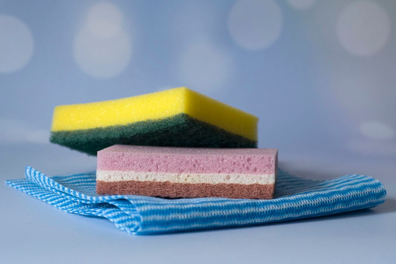 Close-up of cleaning material - dish sponges and cleaning cloth.