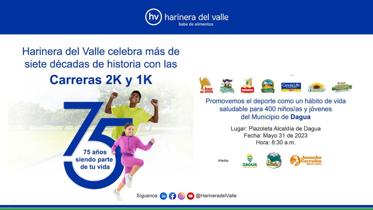 Harinera del Valle promueve el deporte e invita a 400 niños y jóvenes de Dagua a sumarse a la carrera de 1k y 2k el próximo 31 de mayo.