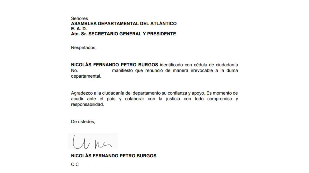Carta de renuncia de Nicolás Petro a la Asamblea del Atlántico.