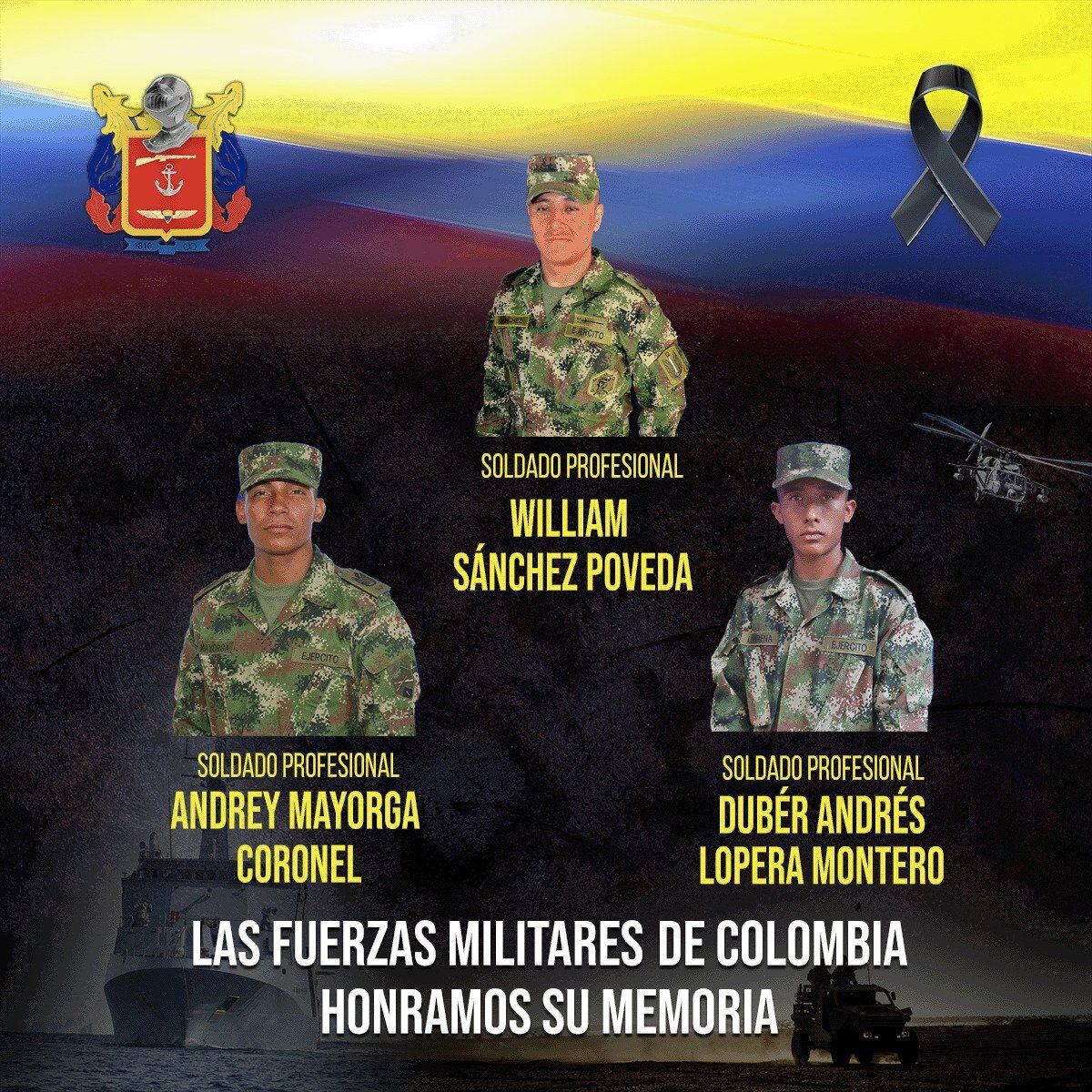 Los soldados asesinados fueron identificados como José Sánchez, Dúber Loperena y Andrey Mayorga, se llevarán a cabo ceremonias de rendición de honores militares en sus lugares de origen.