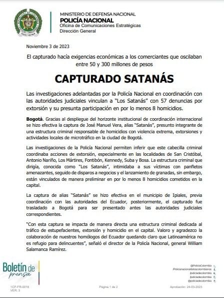 Este es el comunicado de prensa que la Policía Nacional dio conocer sobre la captura de alias Satanás.