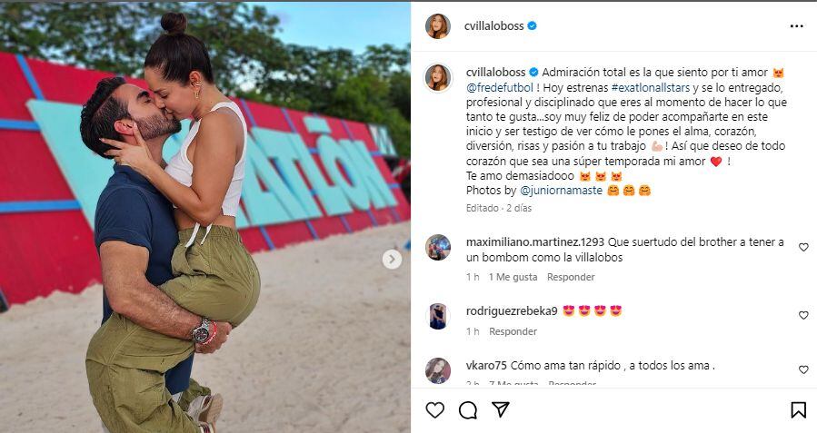 Carmen Villalobos acompaña a su novio Frederik Oldenburg en las grabaciones del programa Exatlón All-Stars, el nuevo reality show de Telemundo.