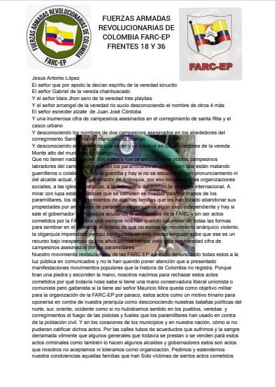 Por medio de esta carta los frentes 18 y 36 de las disidencias declararon objetivo militar al alcalde Ituango, Antioquia.