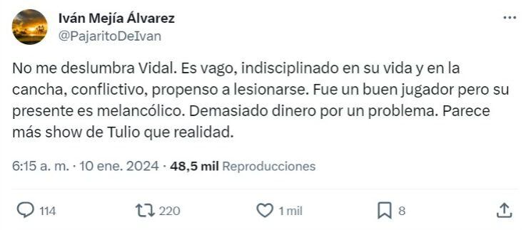 Trino de Iván Mejía sobre el posible arribo de Arturo Vidal al América de Cali.