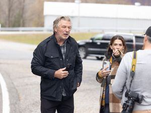MANCHESTER, VT - OCTOBER 30:   Alec Baldwin and Hilaria Baldwin speak for the first time regarding the accidental shooting that killed cinematographer Halyna Hutchins, and wounded director Joel Souza on the set of the film "Rust", on October 30, 2021 in Manchester, Vermont.   The actor, his wife and children pulled over to the side of the road and gave an unscheduled statement after being pursued by photographers and members of the press. (Photo by MEGA/GC Images)