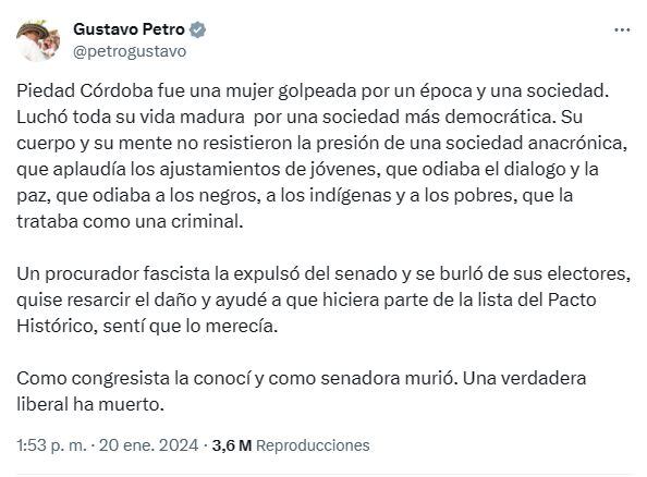 Este fue el mensaje de despedida hacia Piedad Córdoba que publicó el presidente Gustavo Petro.