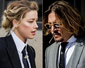 Esta combinación de imágenes de archivo creadas el 29 de abril de 2022 muestra al actor estadounidense Johnny Depp llegando al Tribunal de Circuito del Condado de Fairfax en Fairfax, Virginia, el 13 de abril de 2022; y la actriz Amber Heard saliendo del Tribunal de Circuito del Condado de Fairfax el 11 de abril de 2022.
