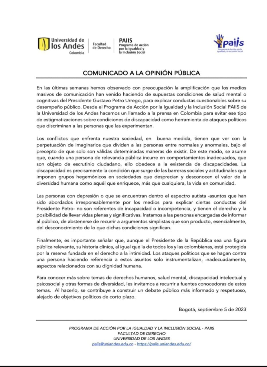 Comunicado oficial de la Universidad de los Andes.