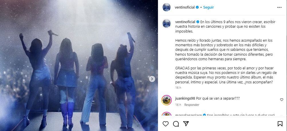 La agrupación Ventino compartió un comunicado con el que confirmaron que se separan.