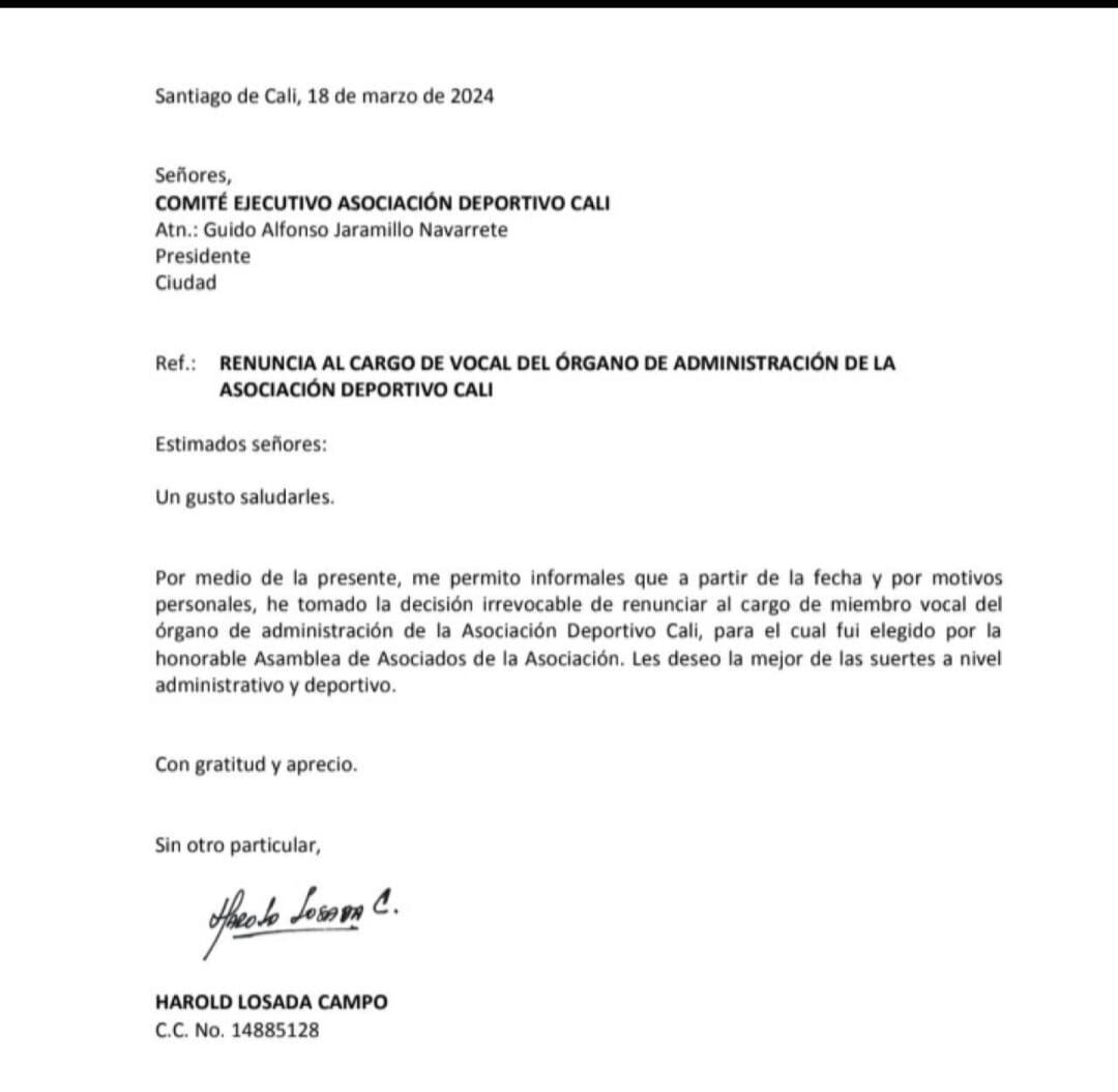 Carta de renuncia de Harold Losada al Comité Ejecutivo del Deportivo Cali.