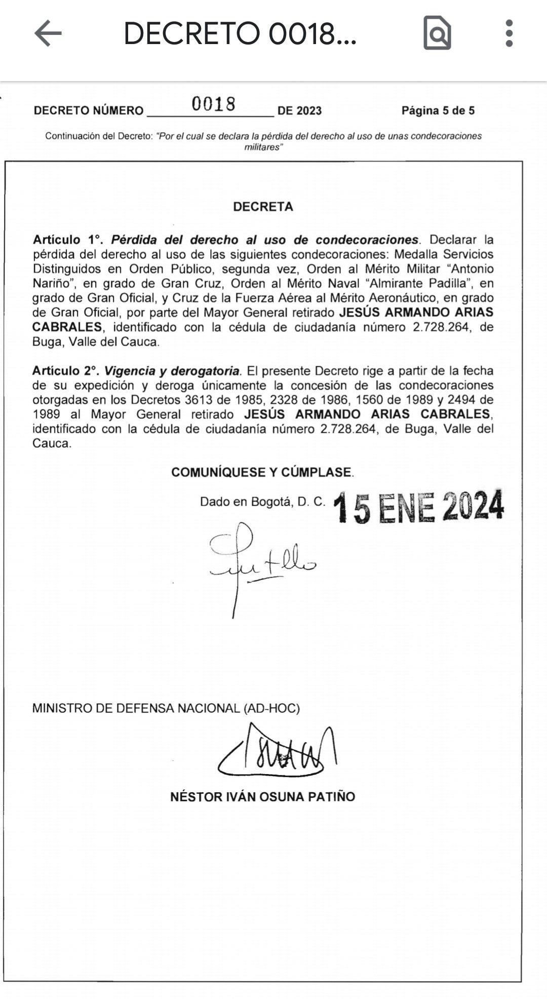 Ministerio de Justicia le retiró las condecoraciones otorgadas a Jesús Armando Arias Cabrales, condenado por los desaparecidos del Palacio de Justicia.