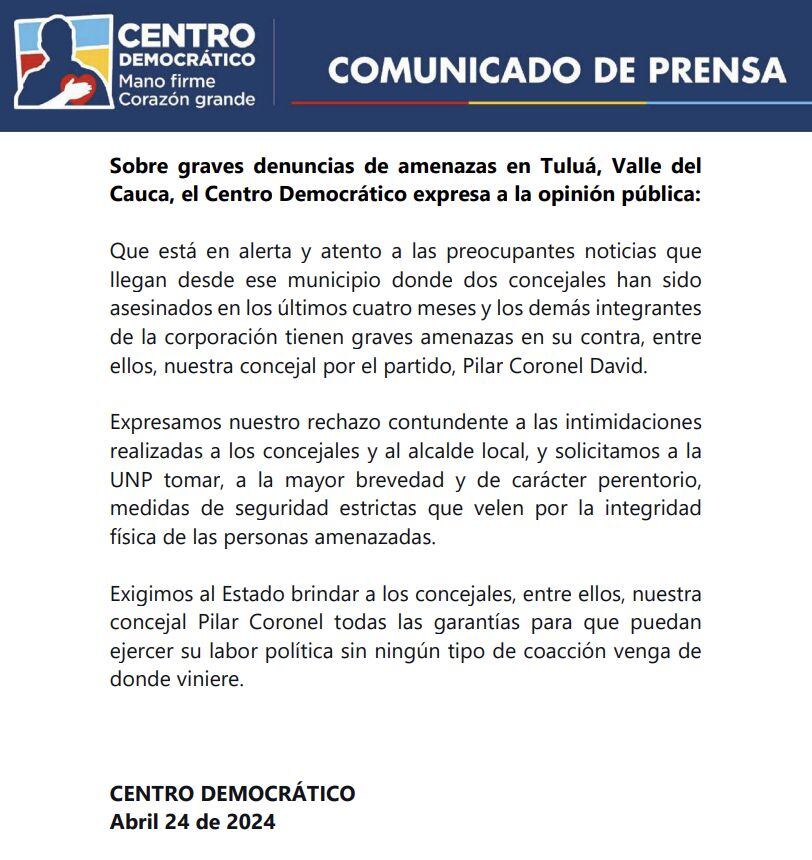 El Centro Democrático rechazó las intimidaciones contra los concejales de Tuluá y el alcalde local, Gustavo Vélez.
