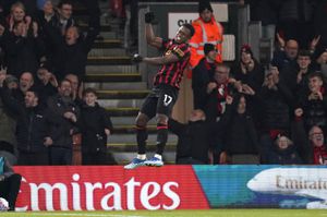 Bournemouth's Luis Sinisterra celebrates scoring their side's third goal of the game during the English FA Cup Fourth Round soccer match between AFC Bournemouth and Swansea City at the Vitality Stadium, Bournemouth, England, Thursday, Jan. 25, 2024. (Andrew Matthews/PA via AP)