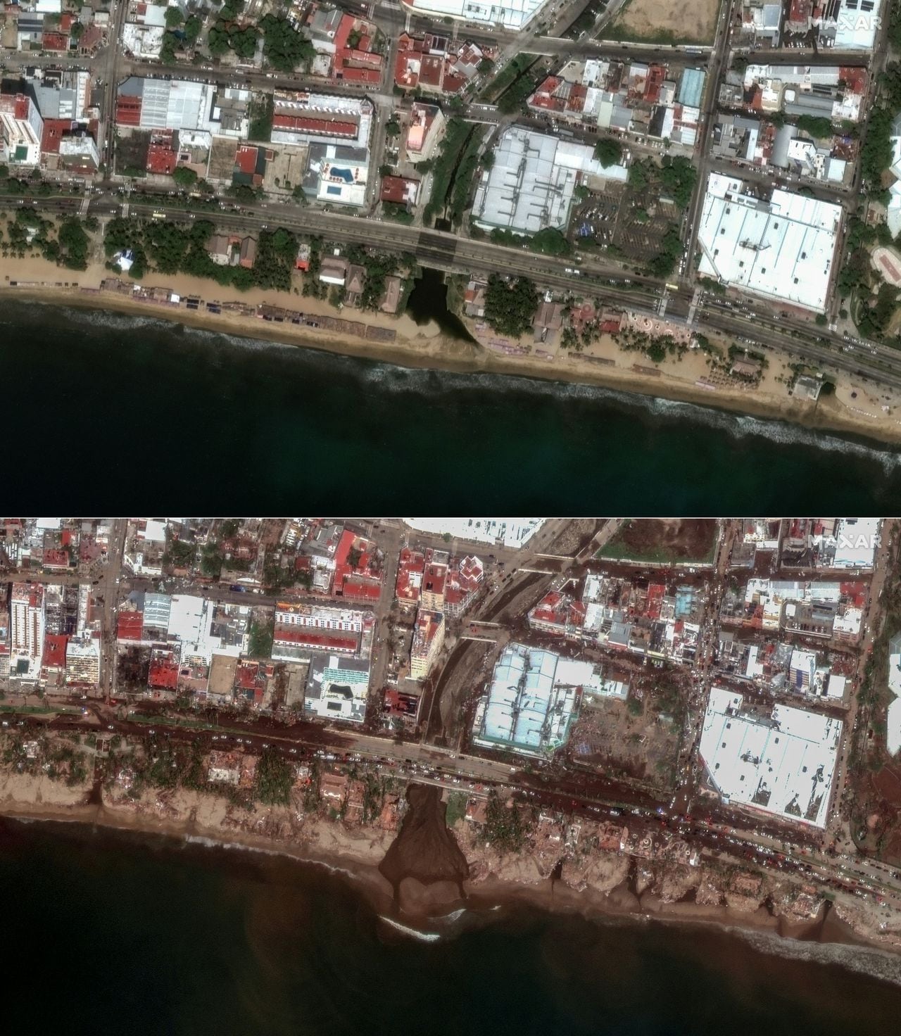 Esta combinación de imágenes creadas el 26 de octubre de 2023 muestra (arriba) esta imagen satelital cortesía de Maxar Technolgies que muestra el Estadio Arena GNP Seguros en Acapulco, estado de Guerrero, México, el 4 de octubre de 2023, antes del huracán Otis, y (abajo ) esta imagen satelital cortesía de Maxar Technolgies muestra el estadio Arena GNP Seguros en Acapulco, estado de Guerrero, México, el 26 de octubre de 2023, después del huracán Otis.