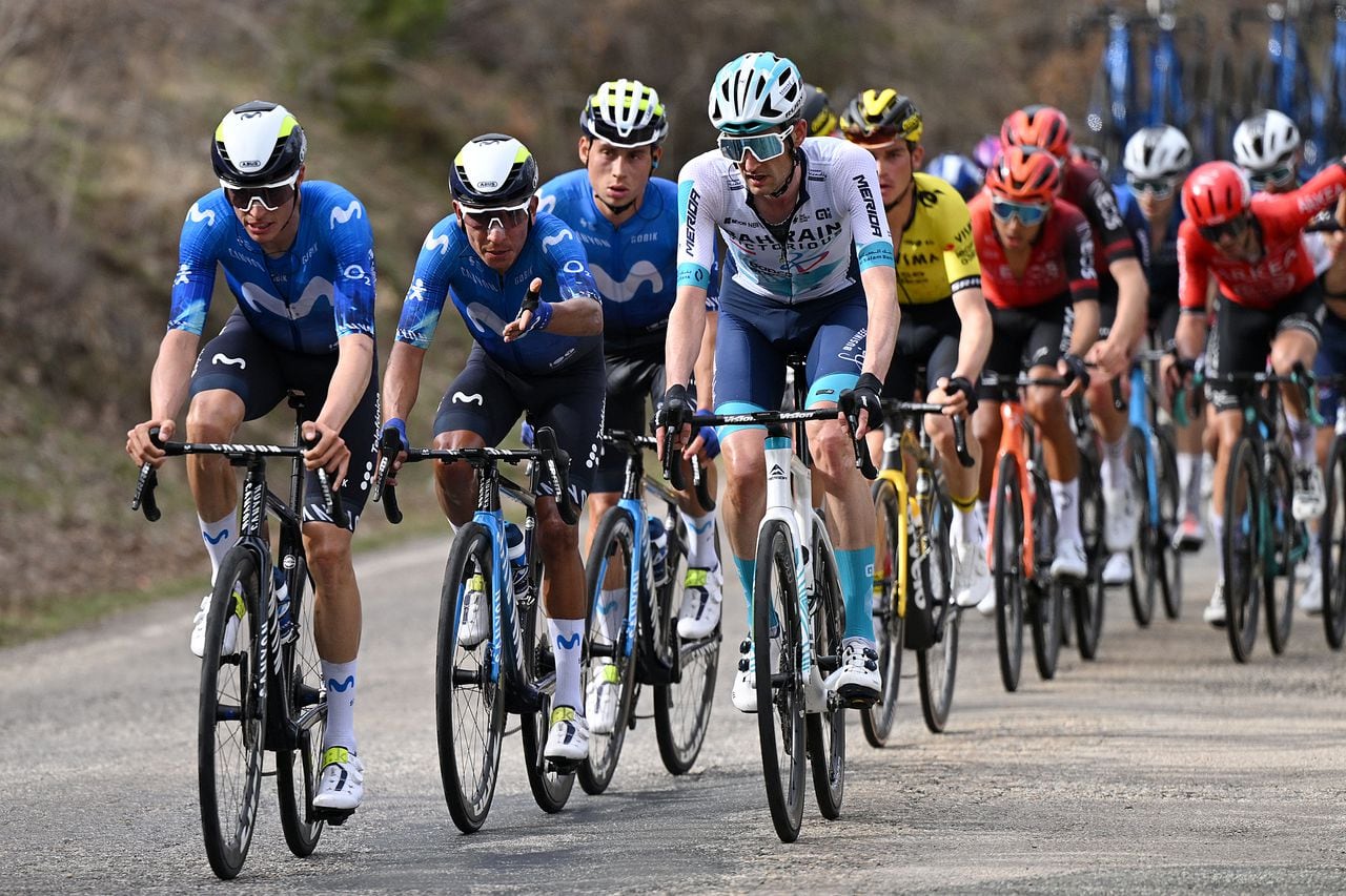 PORT AINE, SPAIN - MARCH 20: (L-R) Enric Mas of Spain, Nairo Quintana of Colombia, Einer Rubio of Colombia and Movistar Team and Wouter Poels of The Netherlands and Team Bahrain-Victorious compete during the 103rd Volta Ciclista a Catalunya 2024, Stage 3 a 176.7km stage from Sant Joan de les Abadesses to Port Aine 1967m / #UCIWT / on March 20, 2024 in Port Aine, Spain. (Photo by David Ramos/Getty Images)