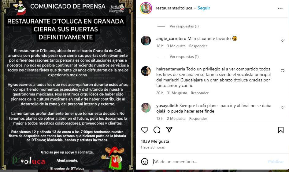 Este es el comunicado que el restaurante D'Toluca publicó en su cuenta de Instagram.