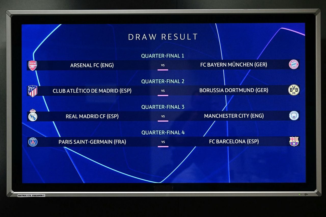 The results are displayed after the 2023-2024 UEFA Champions League football tournament quarter-finals and semi-finals draw at the House of European Football in Nyon, on March 15, 2024. (Photo by Fabrice COFFRINI / AFP)