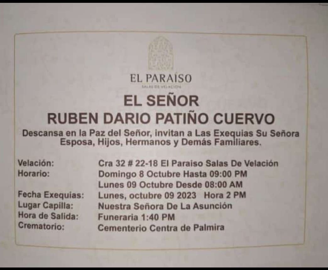 Estos son los horarios donde será velado y enterrado Rubén Darío Patiño.