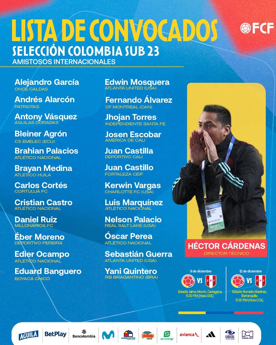 Convocados de la Selección Colombia Sub-23 para amistosos ante Perú