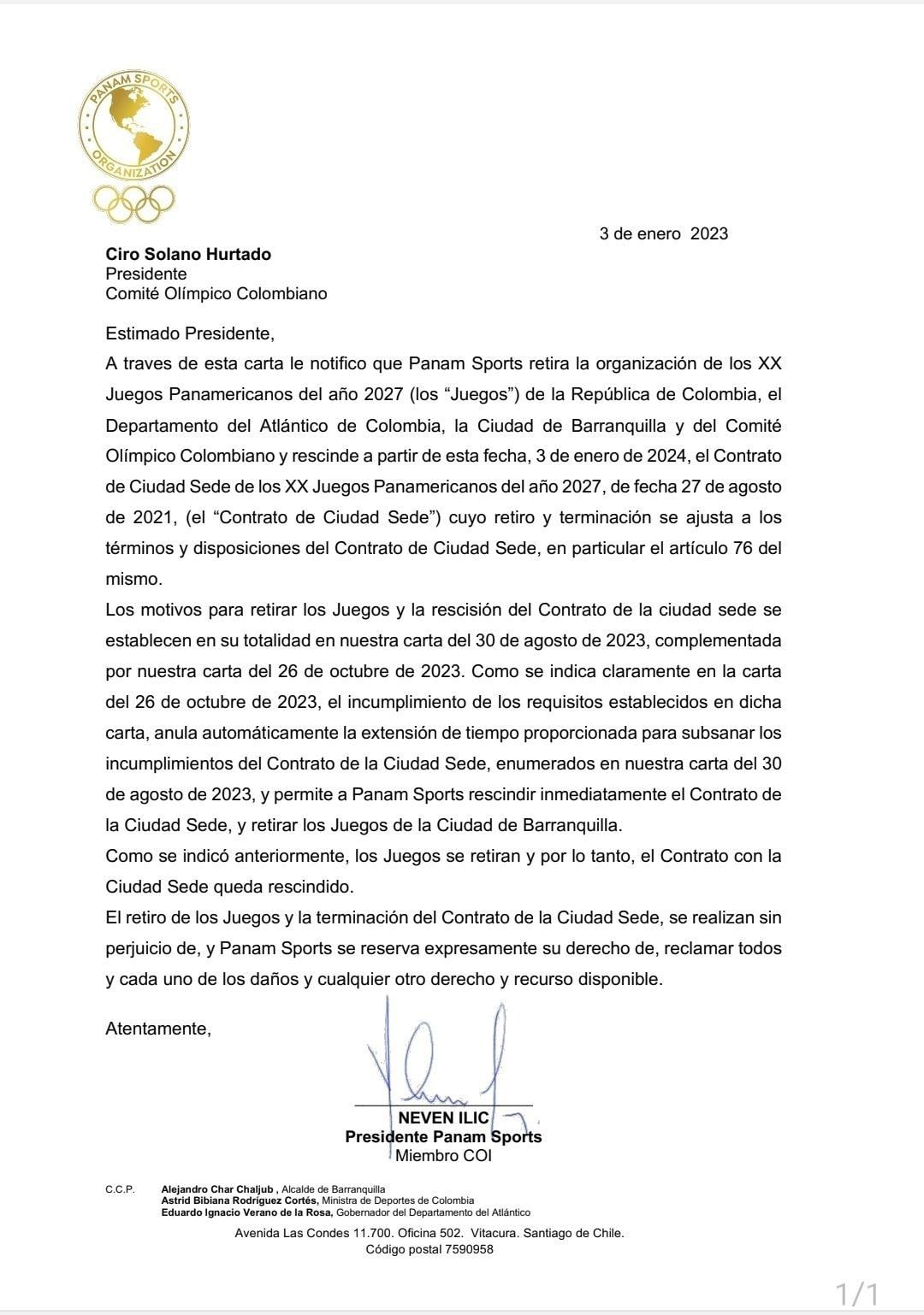 Carta donde se oficializa el retiro de Barranquilla como sede de los Juegos Panamericanos 2027.
