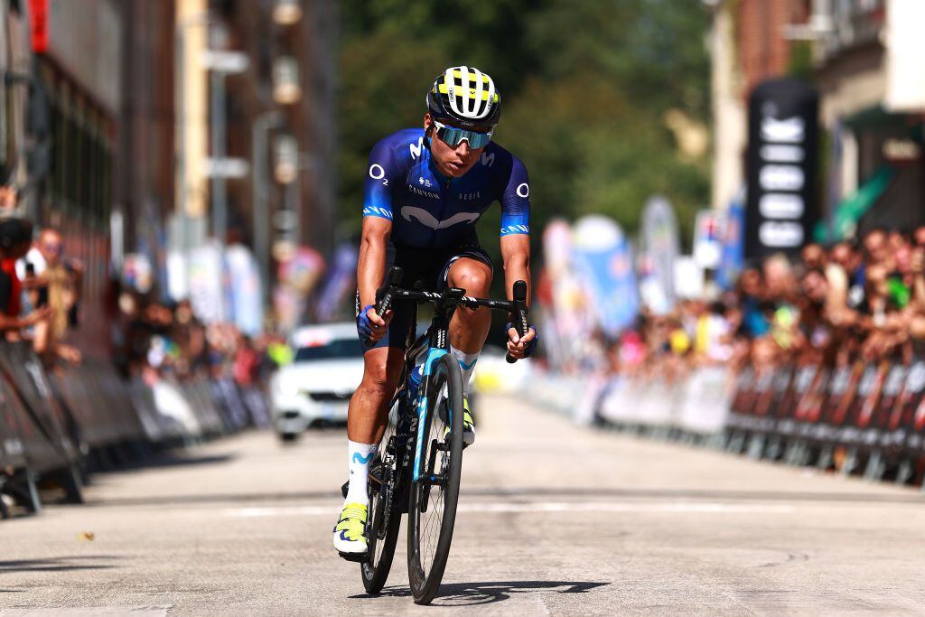 VILLARCAYO, SPAIN - AUGUST 17: Einer Augusto Rubio Reyes of Colombia and Movistar Team crosses the finish line during the 45th Vuelta a Burgos 2023, Stage 3 a 183km stage from Sargentes de la Lora to Villarcayo on August 17, 2023 in Villarcayo, Spain. (Photo by Gonzalo Arroyo Moreno/Getty Images)